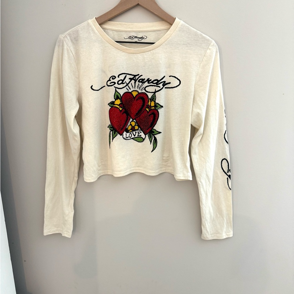 Ed Hardy Cream Crop Top with Red Heart Design